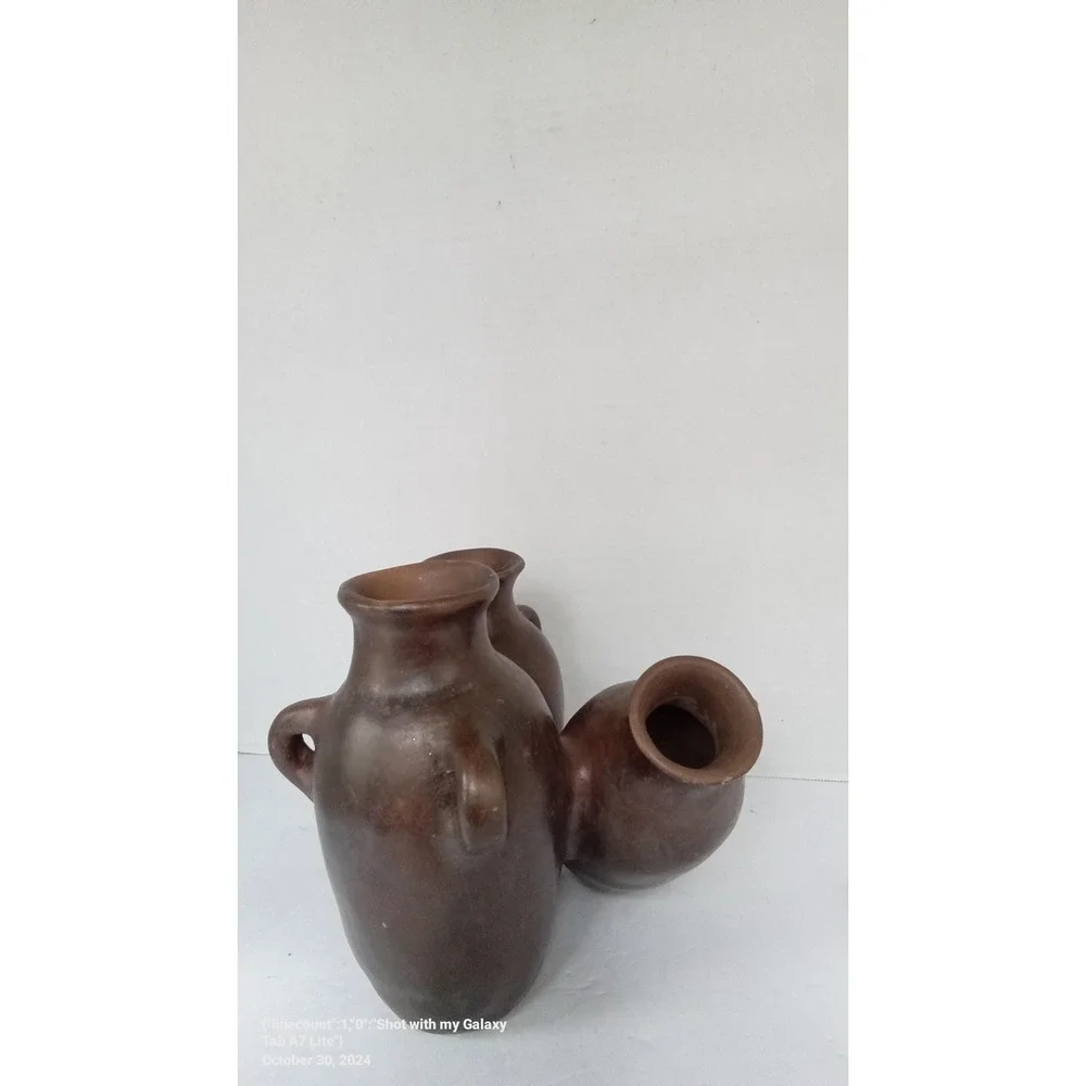 Rustic Brown Clay Pottery Vase Set of 3 Handled Decorative Jugs‎ Vessels